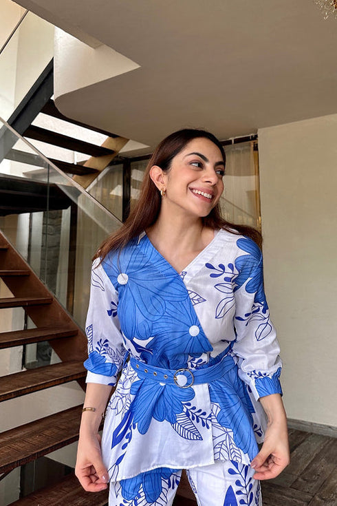 Stylish White Blue Coord Set